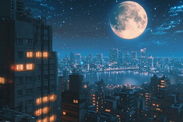 A nighttime city scene, anime or manga style. High-rise buildings, illuminated with soft, warm lights.A large moon hangs in the night sky