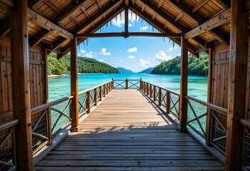 pier stretching into turquoise mountain lake with alpine landscape and blue sky, viewed from wooden lakeside cabin