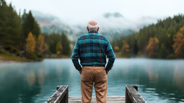A senior man stands contemplatively at the edge of a serene lake, surrounded by nature's beauty, reflecting on life, memories, and the peacefulness of the environment. - Powered by Adobe