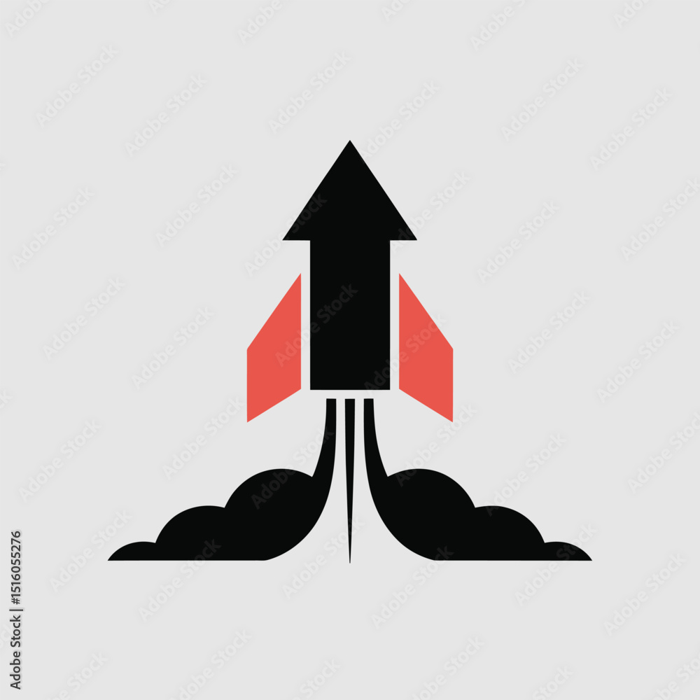 Poster abstract vector illustration of a rocket ship ascending upwards with red and black geometric design 