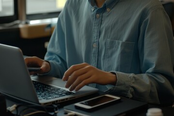 a man wearing wearing a light-blue, long-sleeved button-up shirt is typing on a silver laptop computer