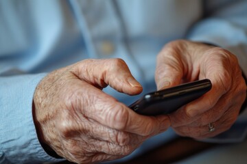 a man wearing wearing a light-blue, long-sleeved button-up shirt is typing on his smartphone