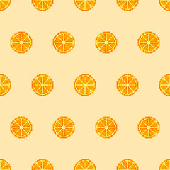 Bright seamless pattern with citrus slices in pixel art style. Fresh summer design with orange or mandarin for packaging, wrapping or textile.