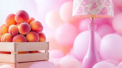 A beautiful arrangement of fresh peaches is artistically displayed next to a pink lamp, creating a soft and inviting atmosphere that evokes warmth and nostalgia.