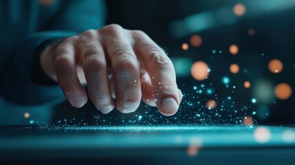 A close-up of a human hand reaching out, creating a mesmerizing display of particles on a digital interface, symbolizing innovation and connection with technology.