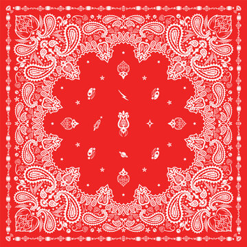 Red Bandana Print. paisley seamless pattern. pattern, flowers, hops, rice, art line ornament. Red white pattern template. Silk neck scarf or kerchief square pattern design.