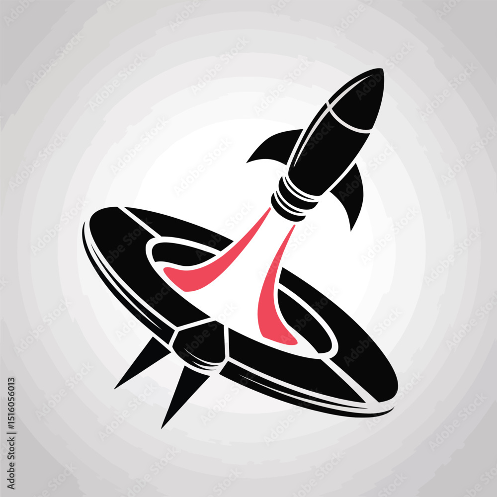 Poster a stylized vector of a rocket launching through a ring creating a dynamic graphic representing space