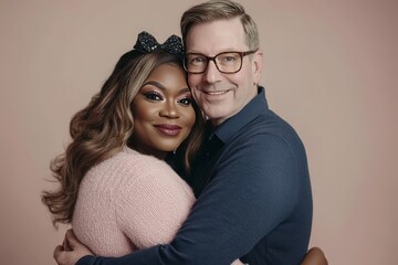 A trans women and a man, embracing each other , focus is on their loving embrace.. warm and affectionate