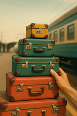 Fototapeta premium Colorful Retro Suitcase Stack with Hand at Railway Station