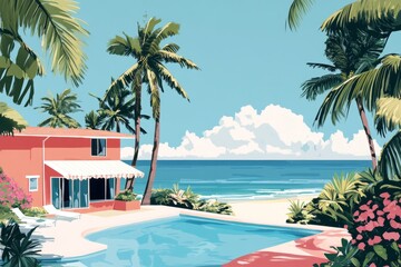 A vibrant, stylized depiction of a tropical beachfront scene. A light red house with a white awning sits beside a swimming pool 