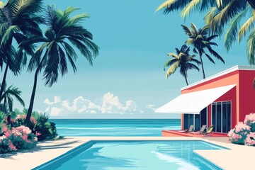 A vibrant, stylized depiction of a tropical beachfront scene. A light red house with a white awning sits beside a swimming pool 