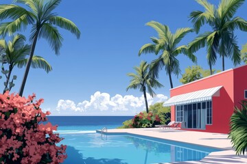 A vibrant, stylized depiction of a tropical beachfront scene. A light red house with a white awning sits beside a swimming pool 