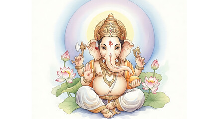 Ganesha Surrounded by Sacred Flowers – Elegant Watercolor Design
