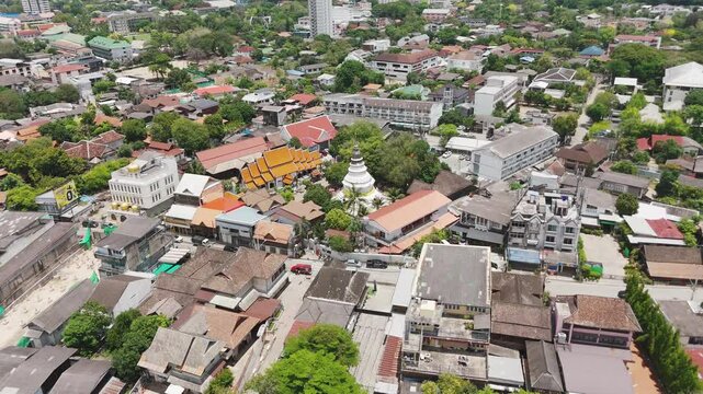 Panoramic Aerial View Of The White Pagoda Of Wat Ket Karam Temple In Chiangmai, Thailand. Aerial Drone Shot