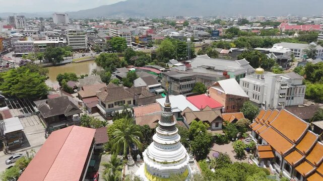 Stupa Of Wat Ket Karaam In Proprakklao Road, Mueang Chiang Mai, Chiang Mai, Thailand. Aerial Drone Shot