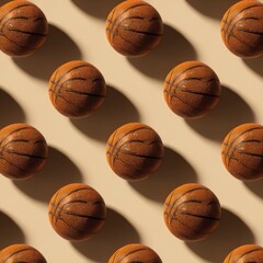 A repeating pattern of worn basketballs on a beige background.  Each ball is situated slightly off-center, casting a subtle shadow, creating a visually appealing and organized design