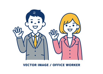 笑顔で手を振る、ビジネスマンのシンプルなベクターイラスト素材＿男女セット