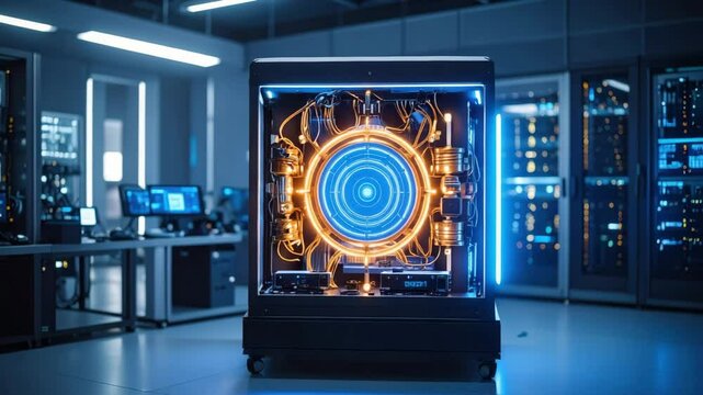 A futuristic quantum computer with glowing lights is showcased in a high-tech laboratory environment surrounded by servers.