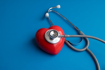 A red heart with a stethoscope resting on it against a solid blue colored background