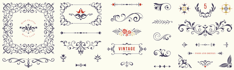 Plakat Ornate vector elements, frames, labels, scroll, logos, floral motifs. For wedding invitations, menu, branding, graphic design, packaging, stickers, business and greeting cards.