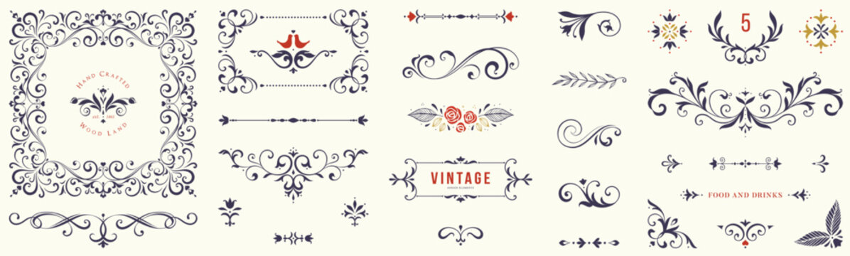 Ornate vector elements, frames, labels, scroll, logos, floral motifs. For wedding invitations, menu, branding, graphic design, packaging, stickers, business and greeting cards.