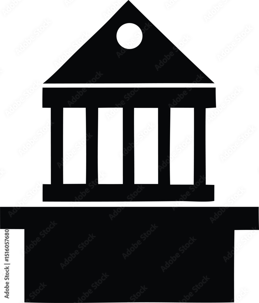 Poster simple black and white icon depicting a classical building with four columns and a triangular roof