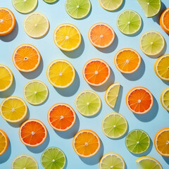 Obraz premium Floating citrus slices (orange, lemon, lime) evenly spaced on a light blue background with soft shadows.