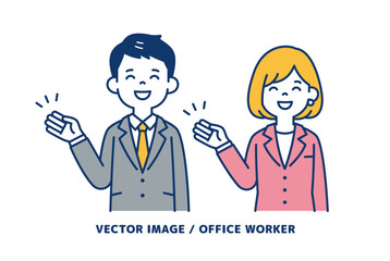 笑顔で案内する、ビジネスマンのシンプルなベクターイラスト素材＿男女セット