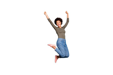 Full body photo of excited dark skin lady jumping high rejoicing with student low cost trip abroad celebrating vacation wear casual outfit isolated pastel blue color background