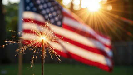Vibrant Sparkler Glowing Against American Flag in Sunlit Backyard - Ideal for Fourth of July Promotions and Celebratory Campaigns