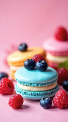 Multicolored macaroons with raspberries and blueberries on a light pink background