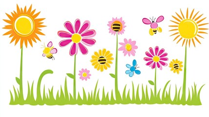 Colorful flowers and insects in a grassy field.