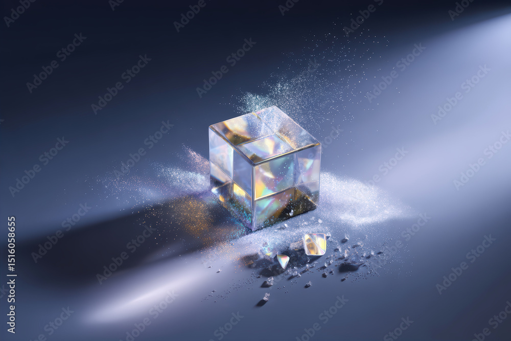 Poster glowing crystal cube dissolving into shimmering fragments