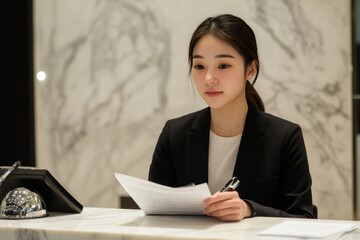 A young Asian woman seated at a hotel reception desk, wearing a black blazer and a light-colored shirt