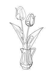 Digital illustration of a shading line of tulip flowers in a vase on a white background.