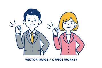 元気にガッツポーズをする、ビジネスマンのシンプルなベクターイラスト素材＿男女セット