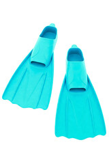 Pair of bright cyan diving fins for underwater swimming isolated on a transparent background