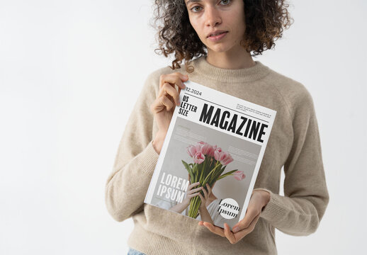 Mockup Of Woman Holding Customized Us Letter Magazine