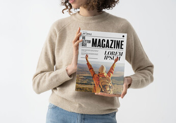 Mockup Of Woman Holding Customizable Us Letter Magazine