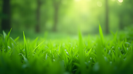 Fototapeta premium Fresh green grass in a morning meadow, glistening with dew, offers a vibrant and natural background