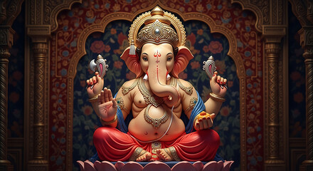 Majestic Lord Ganesha in Royal Temple Setting – 3D Digital Art