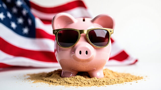 A Playful Pink Piggy Bank with Gold-Star Sunglasses on Sand, Perfect for Financial Campaigns and Patriotic Promotions