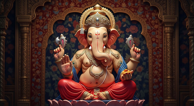 Majestic Lord Ganesha in Royal Temple Setting &ndash; 3D Digital Art
