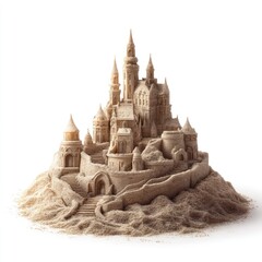 Detailed sandcastle, resembling a medieval castle, meticulously crafted from beige sand.  Its structures include towers, walls, and arched gateways
