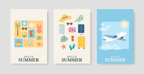 Naklejka premium Summer time backgrounds and cards. Set of flyers with summer travel concept and airplane flight for vacation, beach holiday and relax. Minimalistic vector illustration for posters, cards, covers.