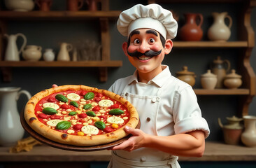 An Italian chef with a large freshly baked pizza in his hands stands in front of a rustic wooden backdrop decorated with vintage tableware and ceramic jugs.