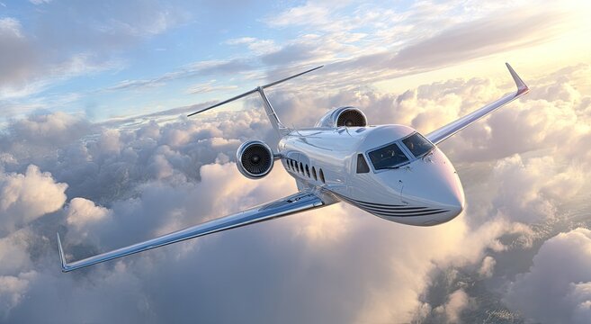 Luxurious jet soaring through a cloud-filled sky