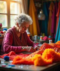 Pasión por la costura: señora mayor creando moda artesanal en su hogar