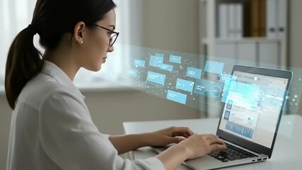 Woman working on a laptop in a modern office, analyzing data with digital graphics in the background - Powered by Adobe