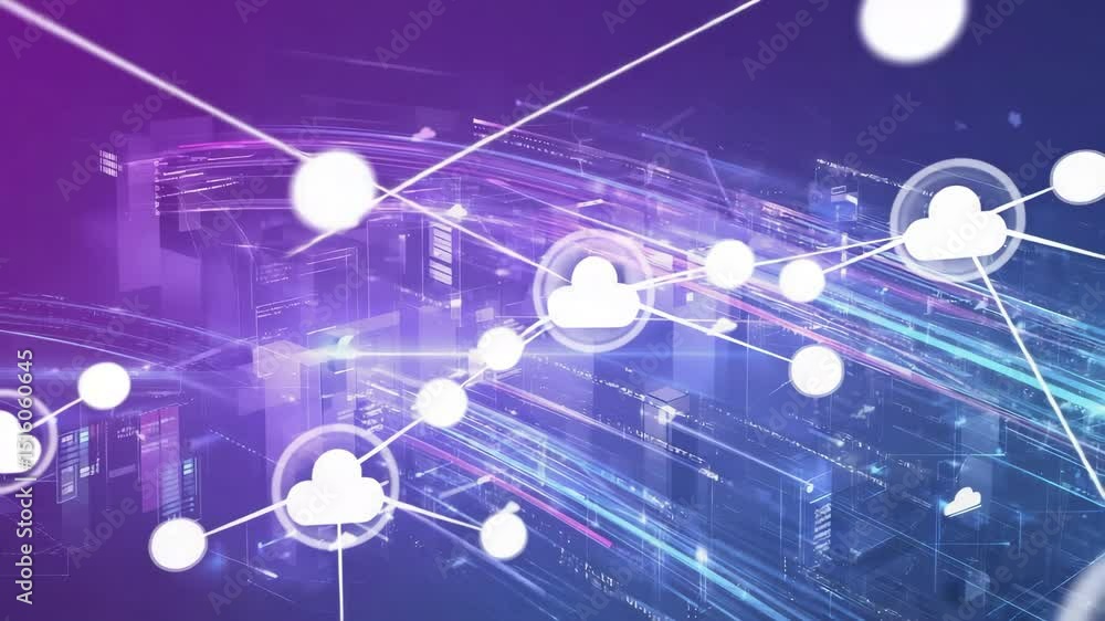 Poster futuristic ai network glowing cloud icons pulsing with light, interconnected servers